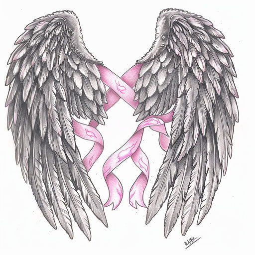 Angel wings tattoo with pink ribbons