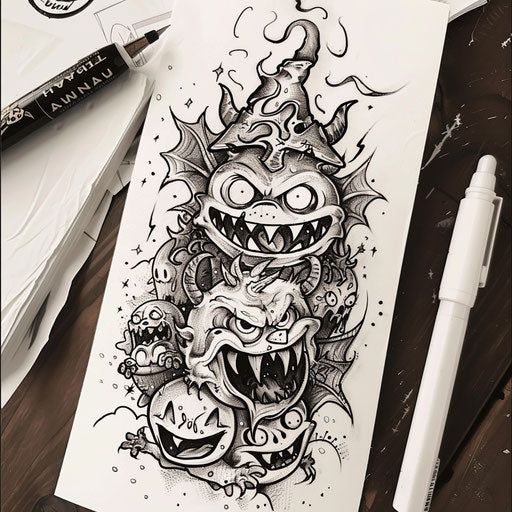 Whimsical tattoo sketch of lighthearted hell with quirky demons