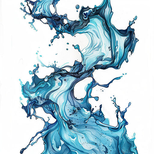 Dynamically abstract water tattoo - blues and teals on white