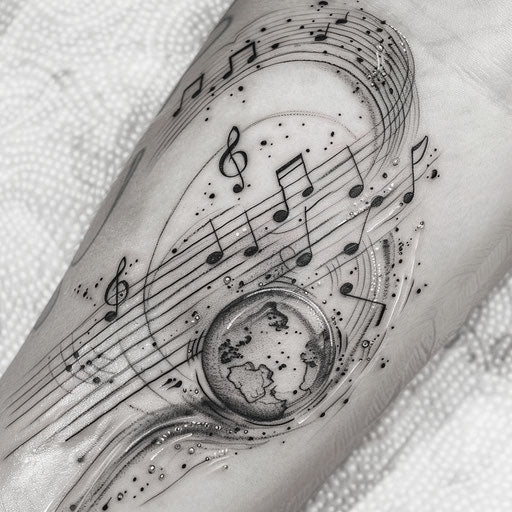Music notes and clefs tattooed in dreamy bubbles floating on white background