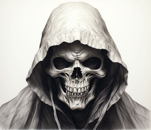 Skull in hood with hat, crosshatched style, devilish