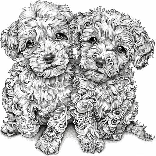 Ornate puppies with intricate patterns - Coloring book page
