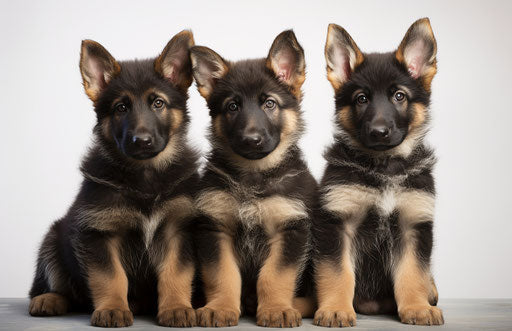 Three German Shepherd puppies sitting in front of white background