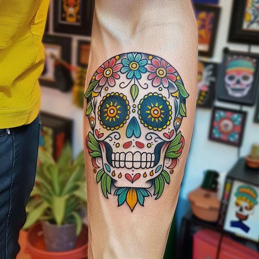 Vibrant flat tattoo sketch of a calavera with festive papel picado
