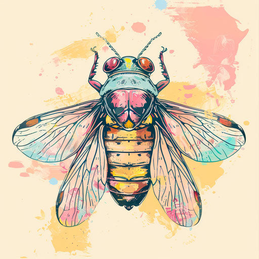 Whimsical tattoo sketch of a cicada with pastel colors and a playful, flat clipart style