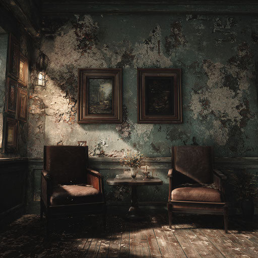 Eerie atmosphere with peeling walls and old furnishings