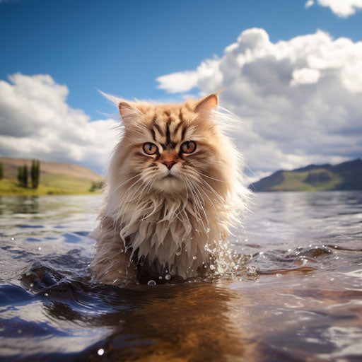 Himalayan cat swimming in a lake by the shore