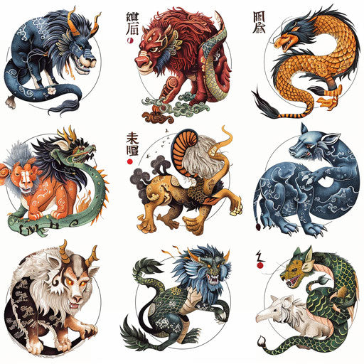 Artistic Chinese zodiac signs on white backdrop