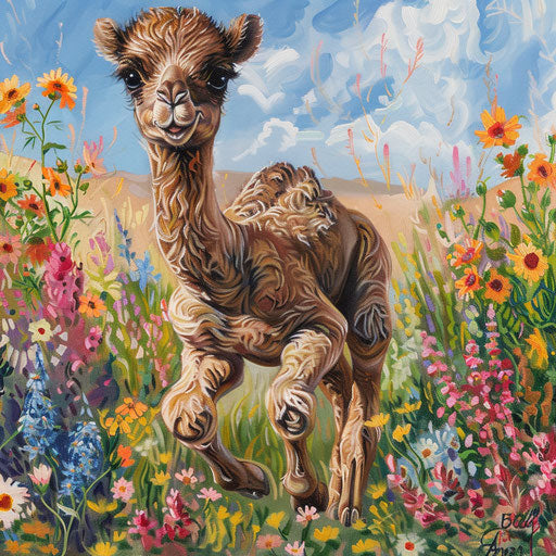 First steps of a baby camel in a field of desert wildflowers