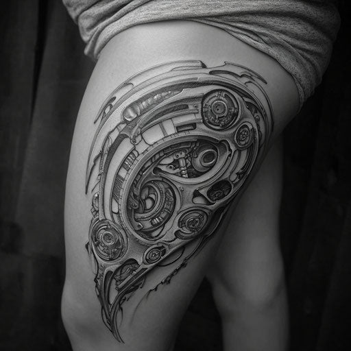 Female thigh tattoos in the style of Guy Aitchison with organic bio-mechanical elements