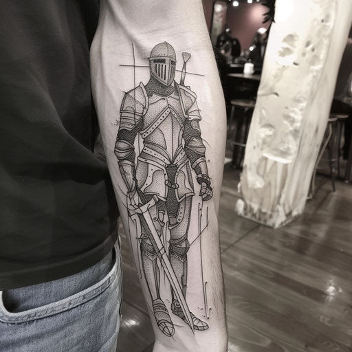 Outline tattoo of a knight, in the style of Glenn Fabry