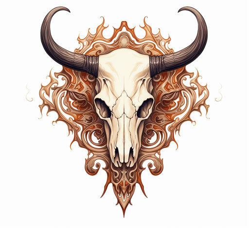 Cow horn tattoo on white background, skull motifs style