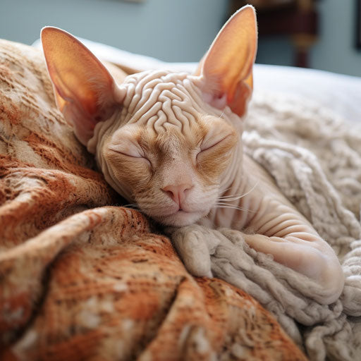 Devon Rex cat asleep on a couch