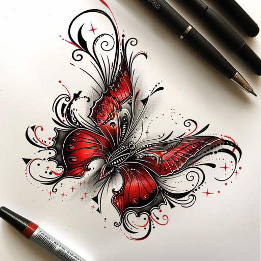 Intricate tattoo sketch of a red butterfly with tribal patterns