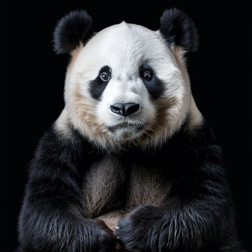 Portrait of a real panda in black and white on black background