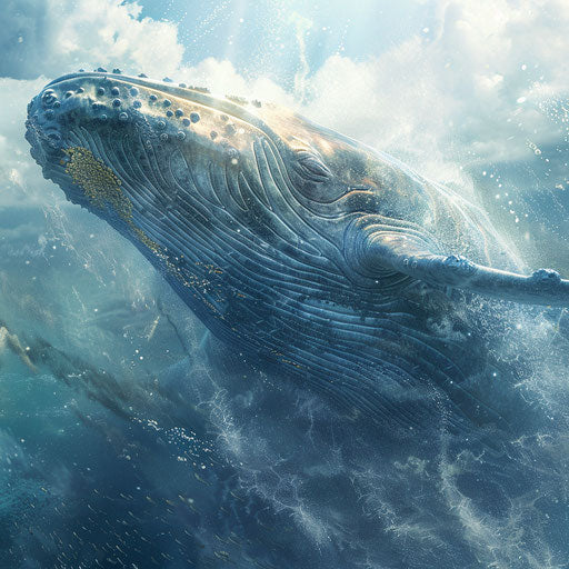 Majestic blue whale swimming in a cloud of plankton