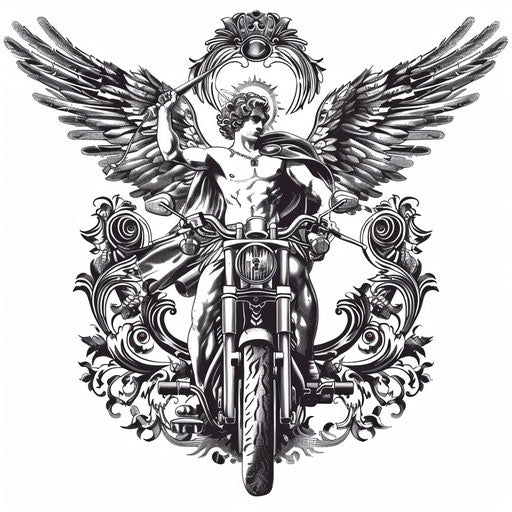 Baroque-inspired tattoo stencil of Archangel Michael with a decorative motorcycle, ornate details on a white background