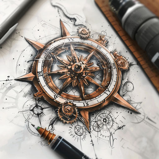 Steampunk tattoo sketch of compass rose with gears and copper tones
