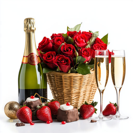 Romantic evening with champagne, red roses, flutes, and chocolate strawberries