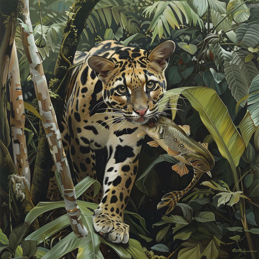 The Bornean clouded leopard with a fresh catch, showcasing its predator skills, against lush foliage
