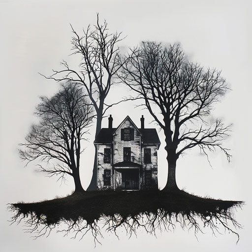 Spooky house silhouette with barren trees, horror tattoo art