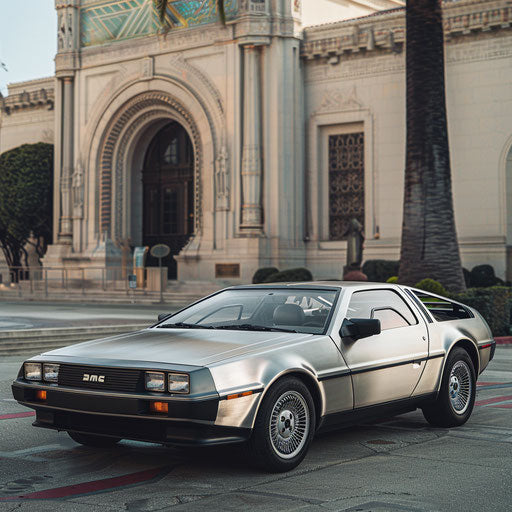 1981 DeLorean DMC-12 in front of an art deco building