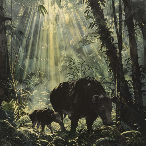 Baird's tapir and calf walking in a Central American jungle