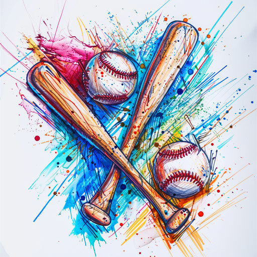 Sketch of a baseball and bats tattoo, celebrating American sports, vibrant and dynamic on white canvas.