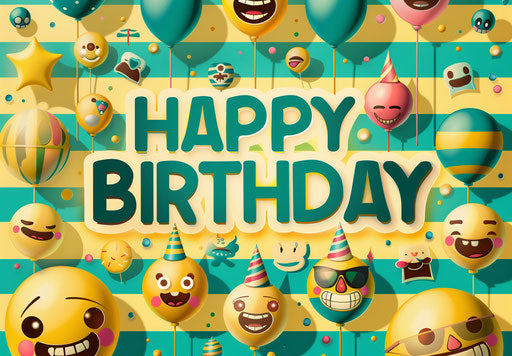 Happy birthday and festive emojis on green and yellow striped background