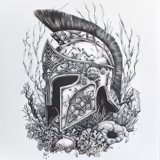 Underwater-themed spartan helmet tattoo sketch with marine life and coral reefs
