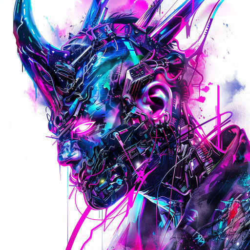 Cyberpunk oni with futuristic details and neon colors on white digital canvas
