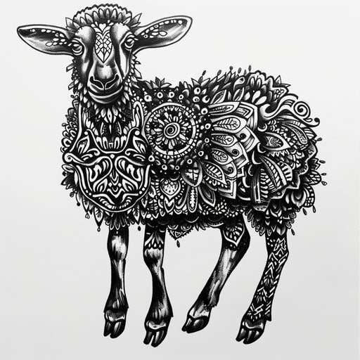 Blackwork tattoo style illustration of a black sheep with intricate mandala designs, on a white canvas