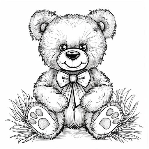 Teddy bear with bow tie sitting. Coloring book page