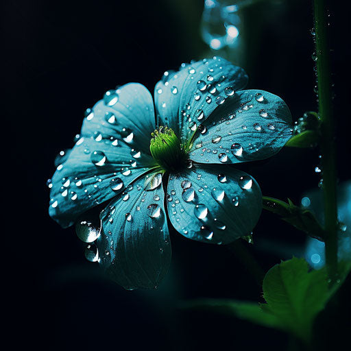 Water drops on a flower under blue light