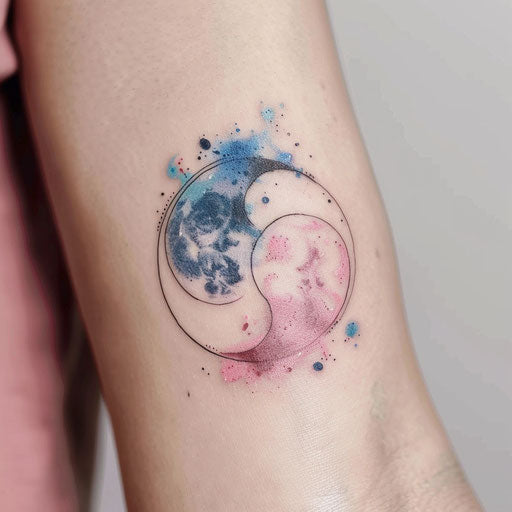 Watercolor yin and yang tattoo with soft blue and pink colors on white background