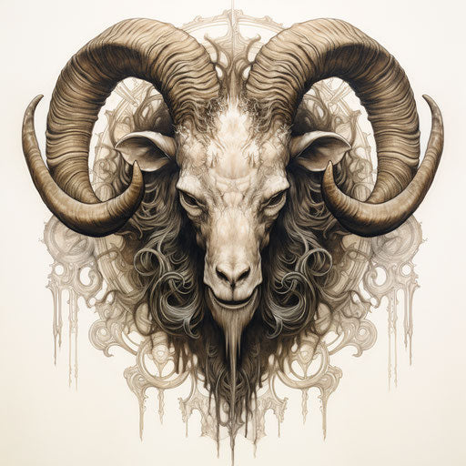 Gothic realistic drawing of big ram head with long horns