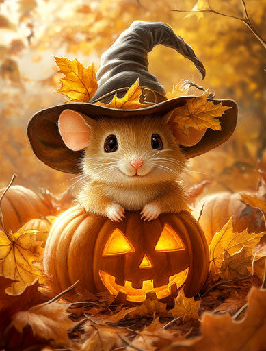 Cute mouse in witch hat on pumpkin surrounded by leaves