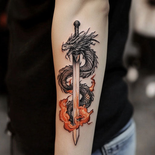 Dragon arm tattoo with dragon wrapped around flaming sword