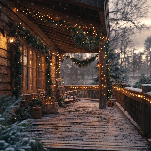 Winter cabin with garland and warm lights