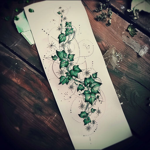 Elegant tattoo sketch with Taurus constellation intertwined with climbing ivy and deep green hues