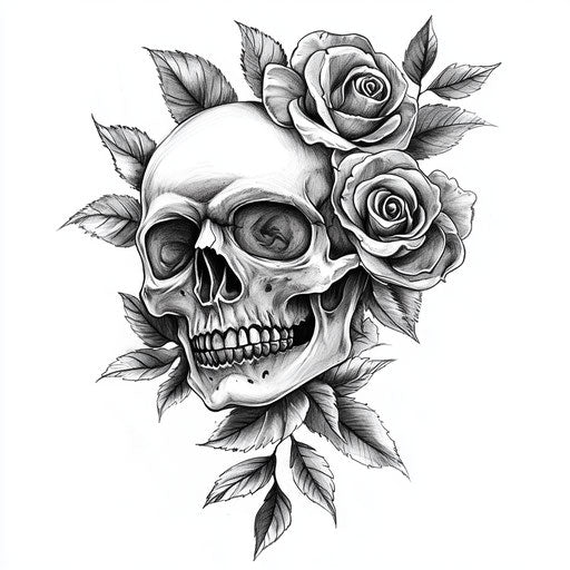 Thigh tattoo sketch, realistic skull and roses in grayscale
