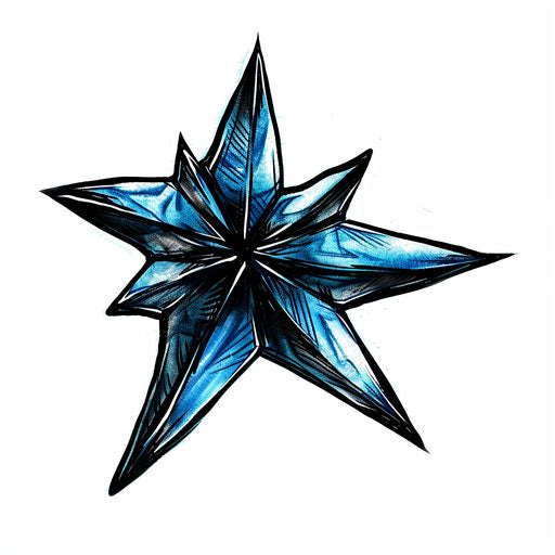 Nautical star tattoo with sharp edges and vivid blue and black colors, illustrated in high detail on a pure white background