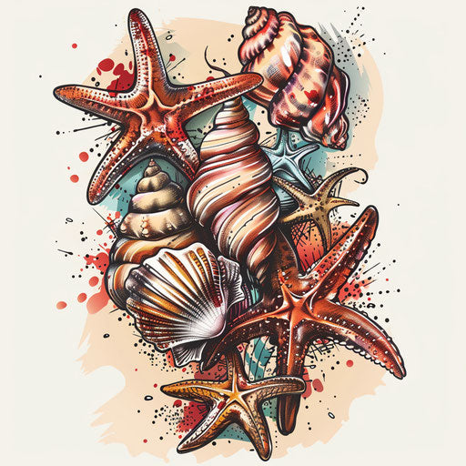 Realistic tattoo sketch ocean shells starfish clipart style