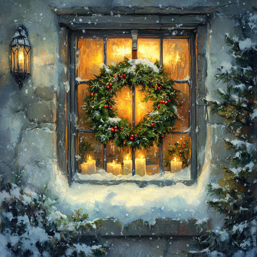 Traditional green wreath on a snowy window