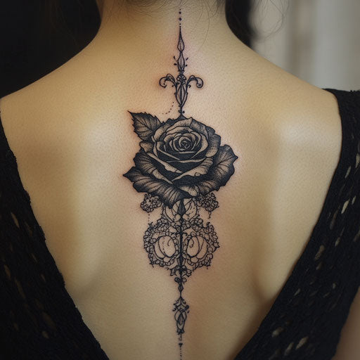 Feminine tattoos with a gothic rose and lace details