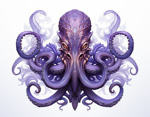 Purple octopus on white background, cybermysticpunk style, concept art, symmetrical design, celestialpunk, marine painter, rtx on, hurufiyya 76:59