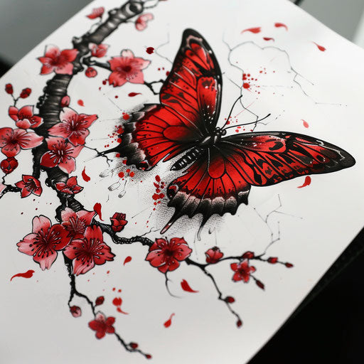Detailed tattoo sketch of a red butterfly on a cherry branch