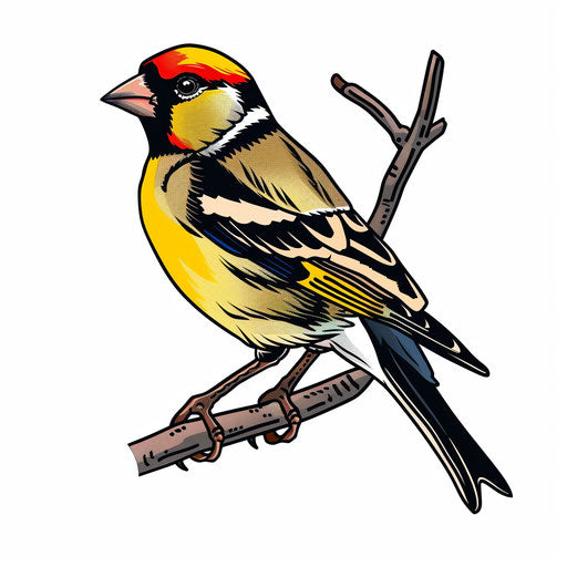 Clipart tattoo sketch of goldfinch on branch, flat colors