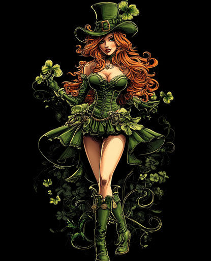 Beautiful leprechaun fairy in green hat with four-leaf clover