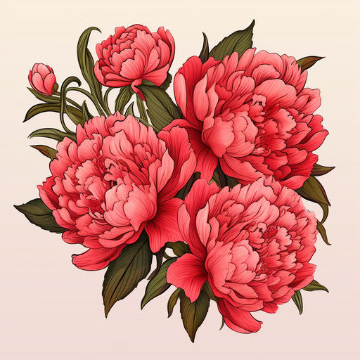 Botanical drawing of peony flowers and leaves in doodle style